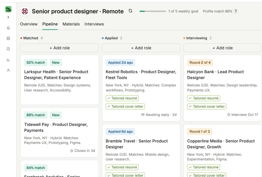 The HireFrog pipeline board: roles in Matched, Applied and Interviewing columns, with match scores, interview rounds and tailored documents on each card.