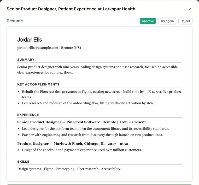 HireFrog's review screen for a resume tailored to a Senior Product Designer role, with Approve, Try again and Reject.